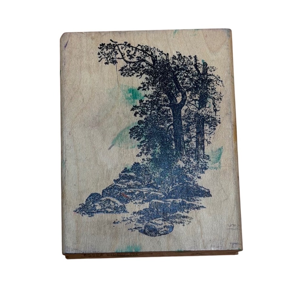 Vintage 100‎ Proof Press Wood Mounted Rubber Stamp Tree & Rock Landscape Scenery